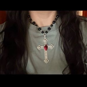 Heart Cross Pendant Necklace Goth Large Big Black Beaded Choker Adjustable New